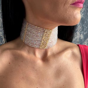 Sparkling Crystal Choker Necklace Wide Statement Glam Jewelry Elegant Wedding Accessory Gold Iridescent Shiny Luxury Collar Unique Gift