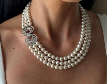 Collar de perlas de triple hebra con hermoso broche, collar de