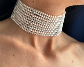 Buy Layered Pearl Choker With 10 Strands and Silver, Gold Diamante