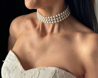 Layered pearl choker necklace with gold or silver rhinestones clasp, Three strand bridal pearl necklace, 8mm pearl choker, Gift for mother