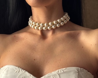 Layered pearl choker necklace with 2 layers of pearls, Multi-strand bridal pearl necklace, Vintage style statement necklace, Chunky choker