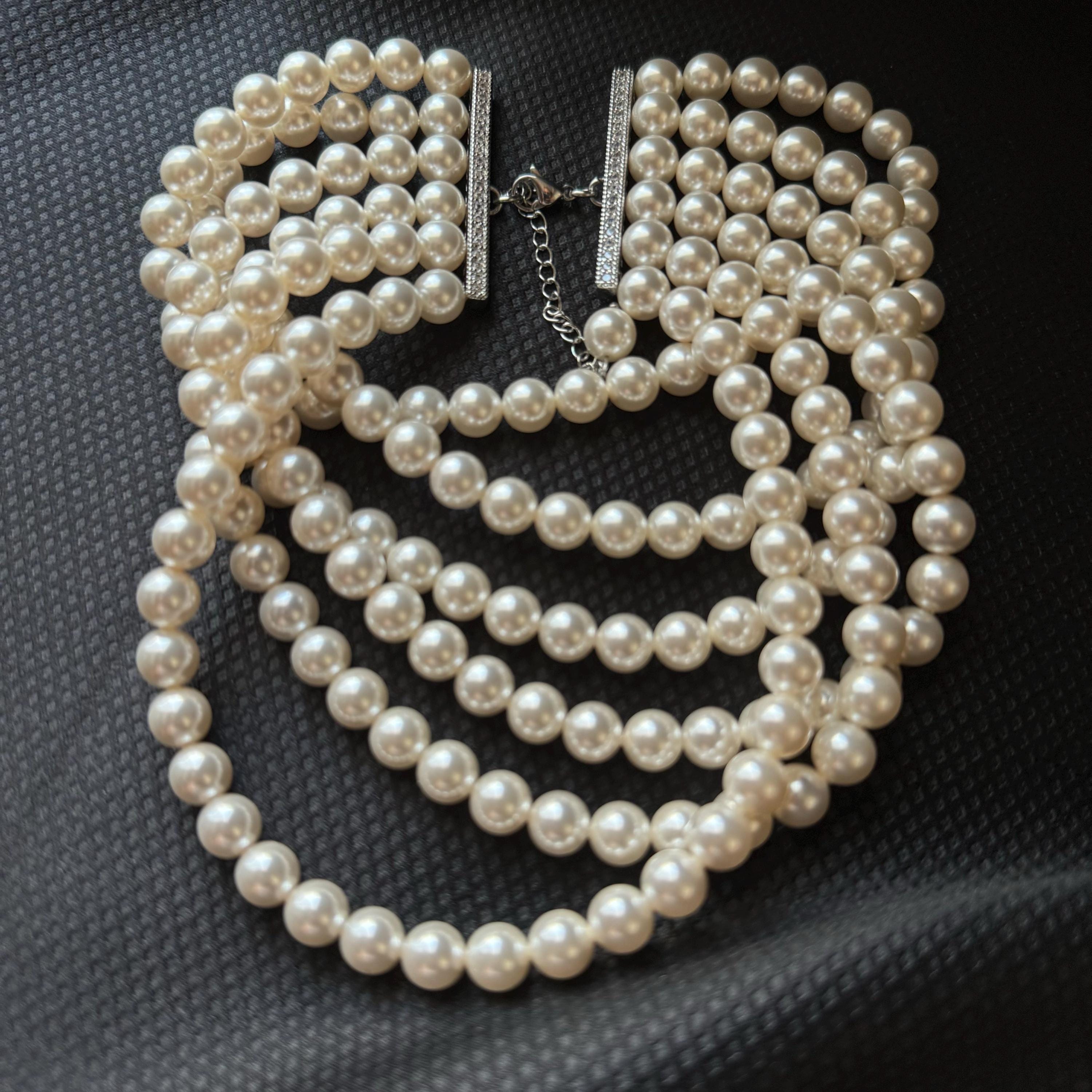 Layered Pearl Choker Necklace With Gold or Silver