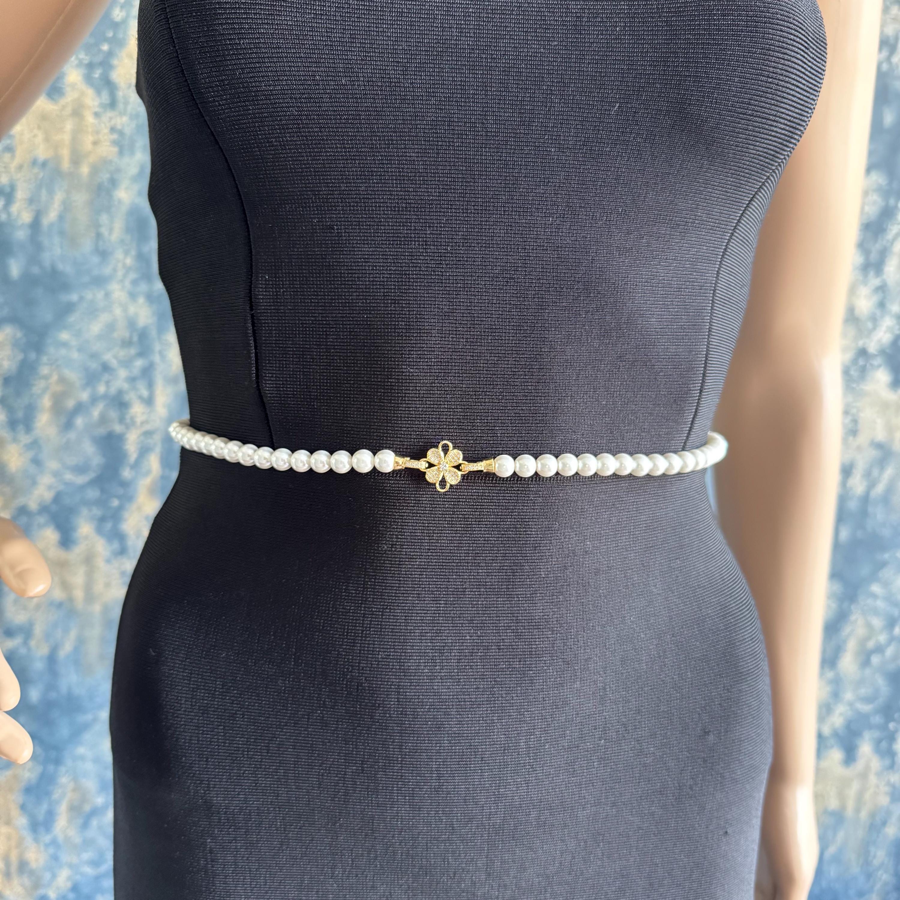 White Pearls Belt With Beautiful Silver or Gold Flower Clasp