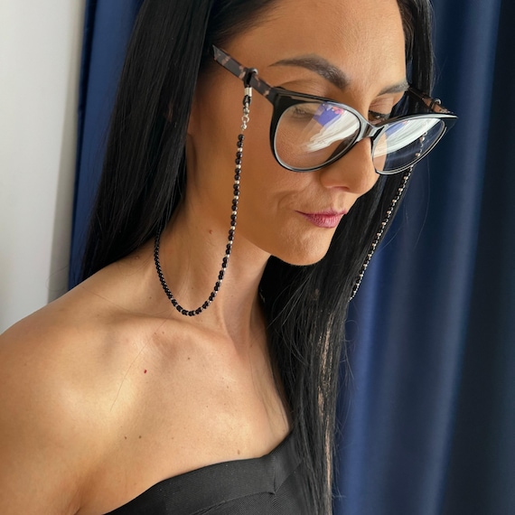 Pearl Glasses Chain Dainty Design Elegant Accessory Eyewear Holder Sunglasses Strap Black Beaded Lanyard Eyeglasses Cord Silver Spectacles