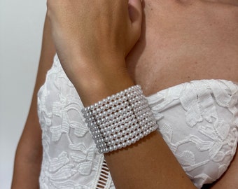 Multi Layered Bridal Bracelet, Statement Bracelet, Wedding Wrap Around Bracelet, 10 Rows Faux Pearls Bracelet