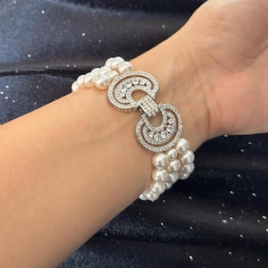 Layered Pearl Bracelet Triple Strand, Rhinestone Clasp, Vintage Style Jewelry
