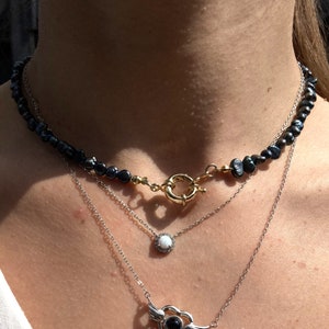 Navy Freshwater Pearl Necklace with Gold Plated Sailor Spring Clasp, June Birthstone,  Pearl Choker, Cute Dainty Necklace, Gift for Her