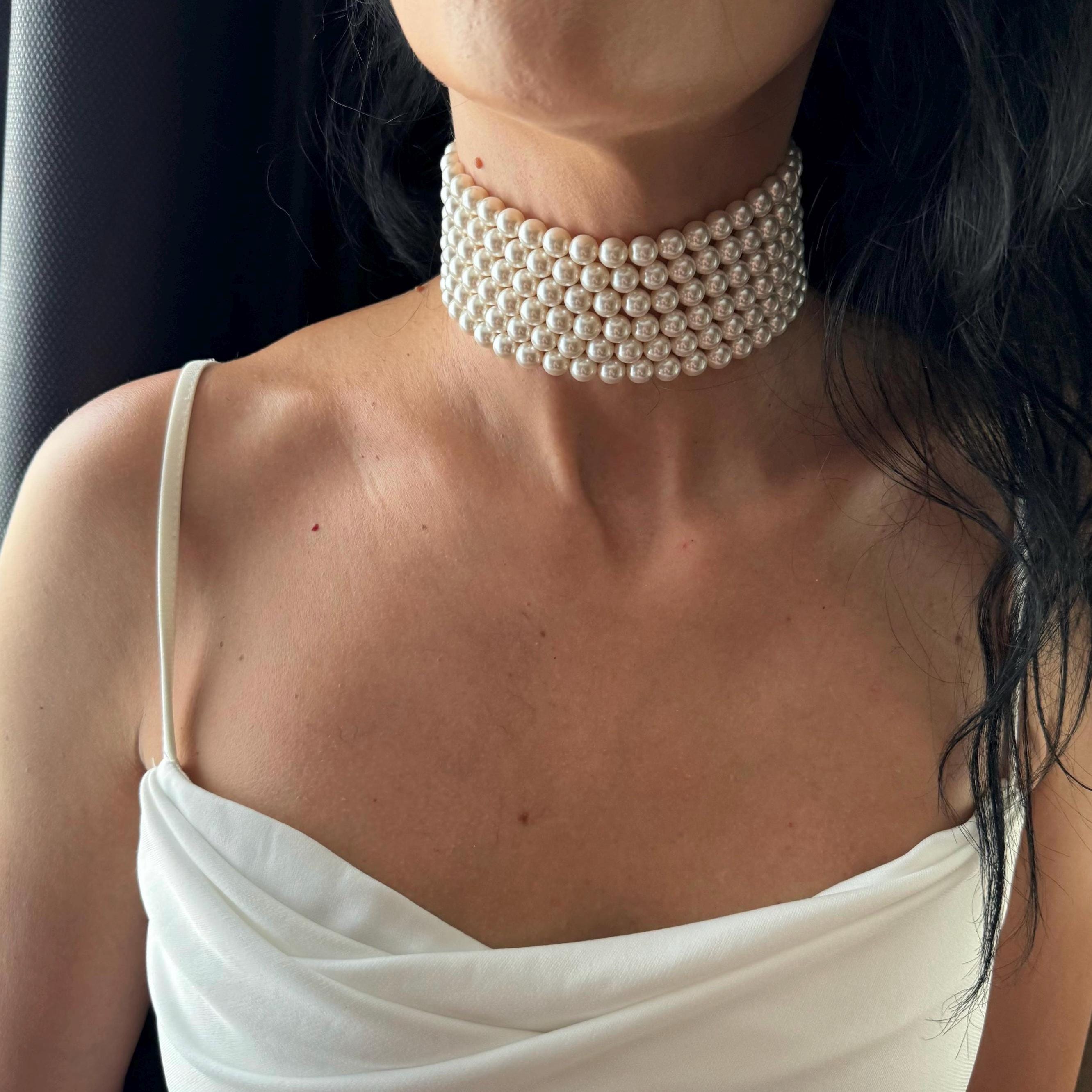 Layered Pearl Choker Necklace With Gold or Silver Rhinestones Clasp — free download