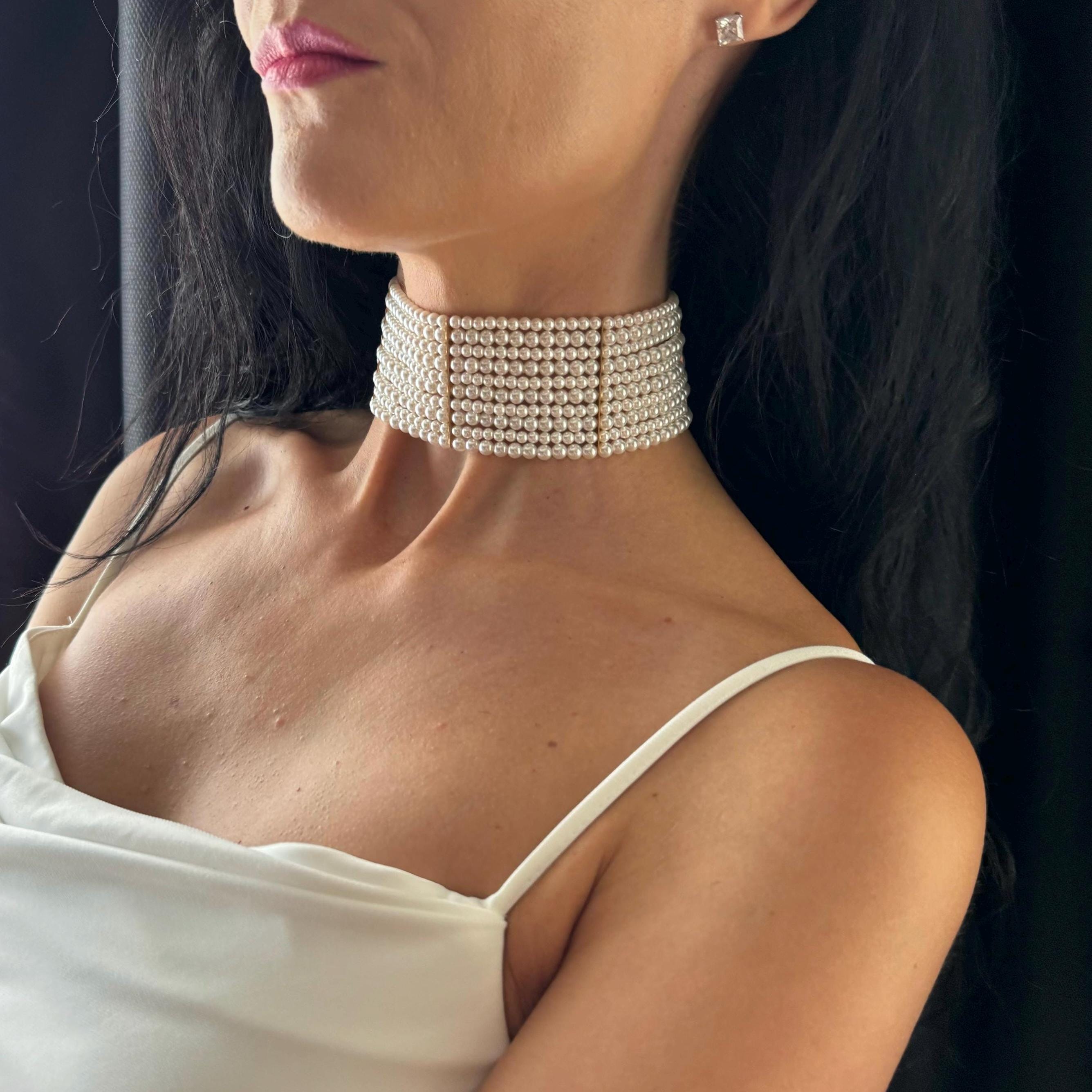 Elegant Pearl Collar Statement Piece Formal Wear Wedding Accessory Neck Detail Gold Finish Custom Length Choker Style Grid Pattern Bridal