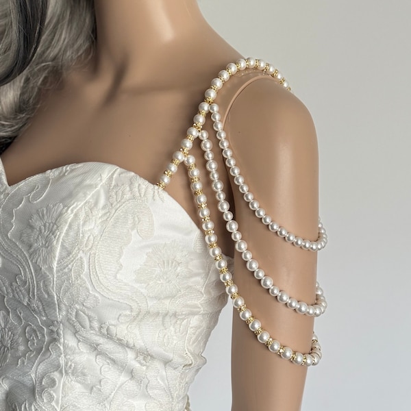 Wedding dress shoulder straps, Pearl shoulder jewellery, Gold crystal wedding dress shoulder necklace,  Pearl epaulettes for wedding dress