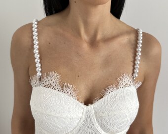 Pearls dress straps, Adjustable removable shoulder jewellery, Spaghetti bra straps, Glamour bridal accessories, White beaded trim