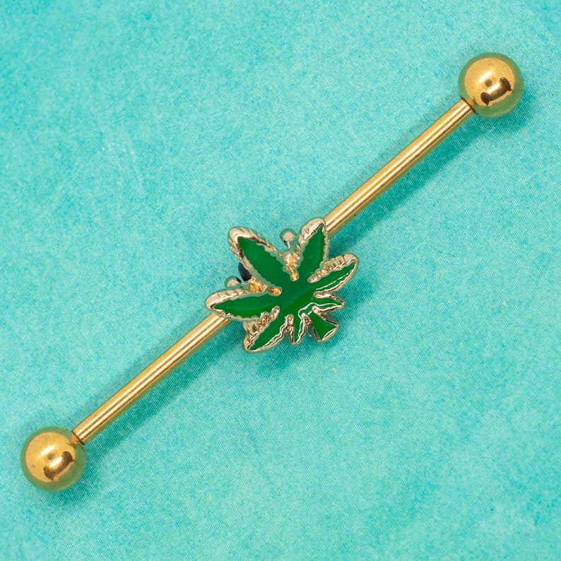P2GO Gold Stainless Steel Marijuana 14G Industrial Barbell Ear Piercing Green