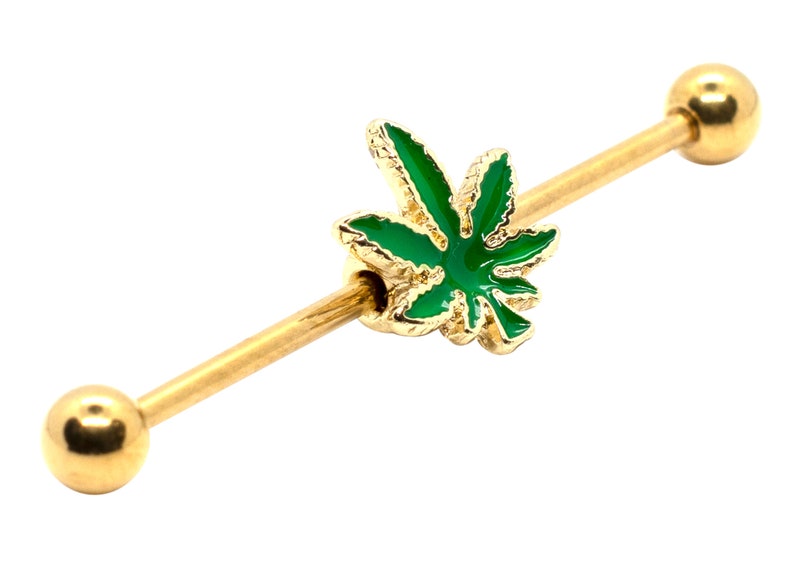 P2GO Gold Stainless Steel Marijuana 14G Industrial Barbell Ear Piercing Green