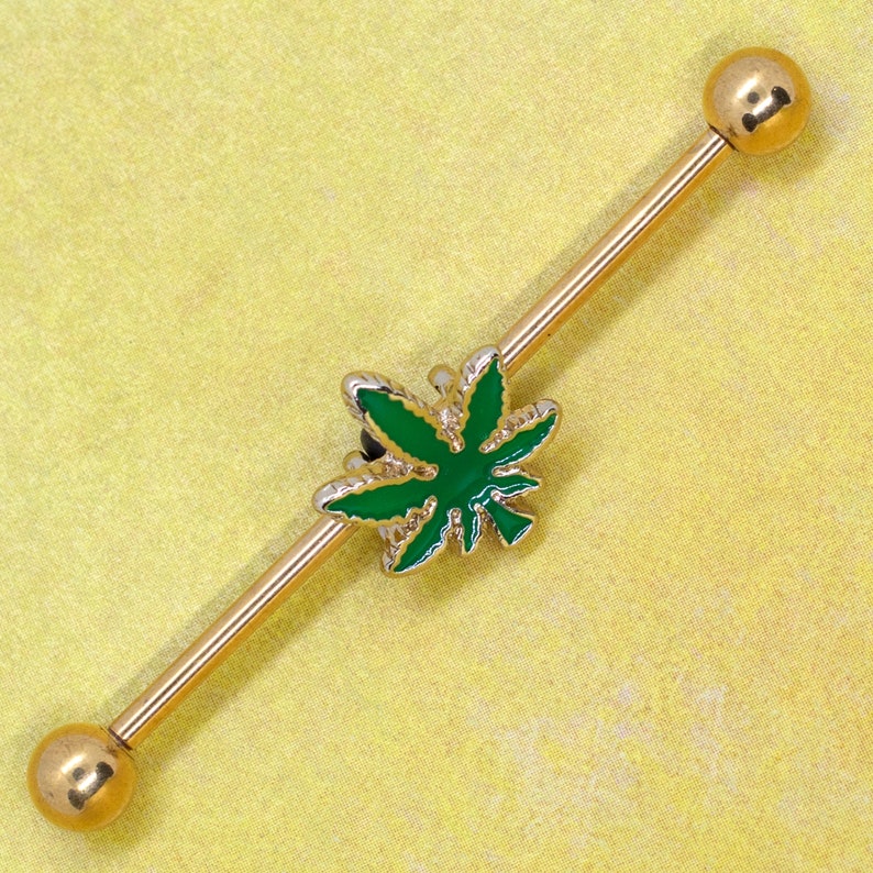 P2GO Gold Stainless Steel Marijuana 14G Industrial Barbell Ear Piercing Green