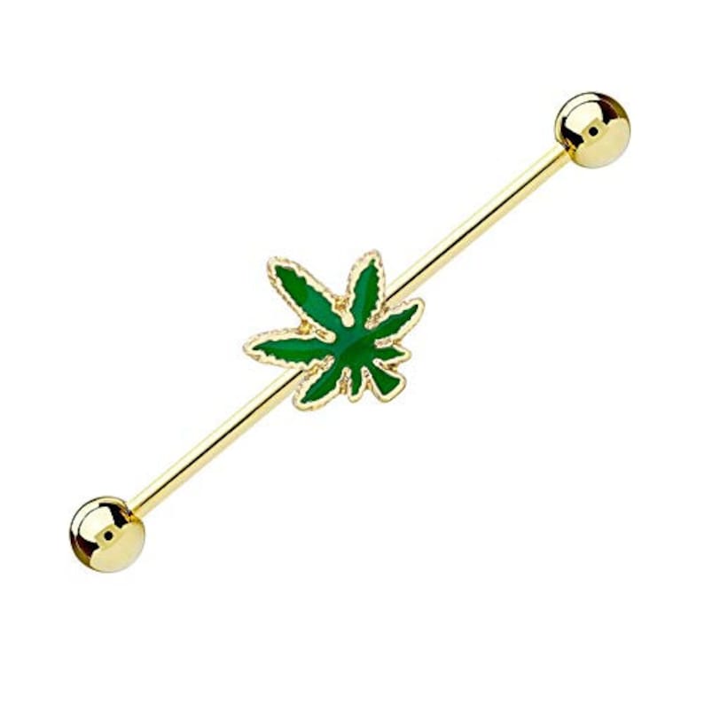 P2GO Gold Stainless Steel Marijuana 14G Industrial Barbell Ear Piercing Green