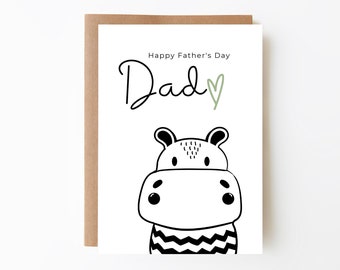Black & White Hippo Fathers Day Card + Monochrome Card + Digital Option + Daddy's Day Card + Fun Card For Dad + Dad Card From The Kids