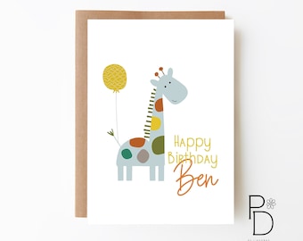 PERSONALISED Giraffe Birthday Card - Birthday Card For Toddlers + Kids Birthday + Digital Option + Customised Card + Birthday Celebration