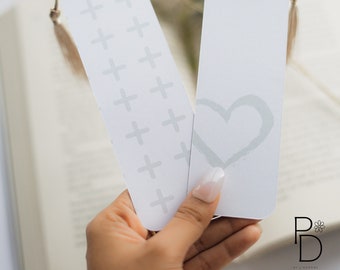 Hearts & Crosses Bookmark - Double Sided Sage and White Bookmark With Tassel