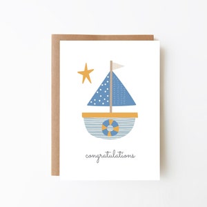 Felicitaciones Baby Boy Boat Card - Tema de playa + Tarjeta para niños + Tarjeta de nacimiento + Opción digital + Tarjeta de recién llegado + Recién nacido + Baby Shower