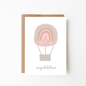Félicitations bébé fille rose ballon à air chaud carte - carte arc-en-ciel + carte pour les filles + nouveau-né + option numérique + nouvelle arrivée + baby shower