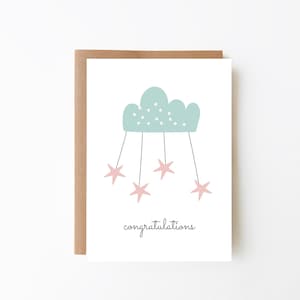 Félicitations Baby Cloud & Stars Card - Carte pour les filles + Option de téléchargement numérique + Carte de nouveauté + Nouveau-né + Carte de douche de bébé