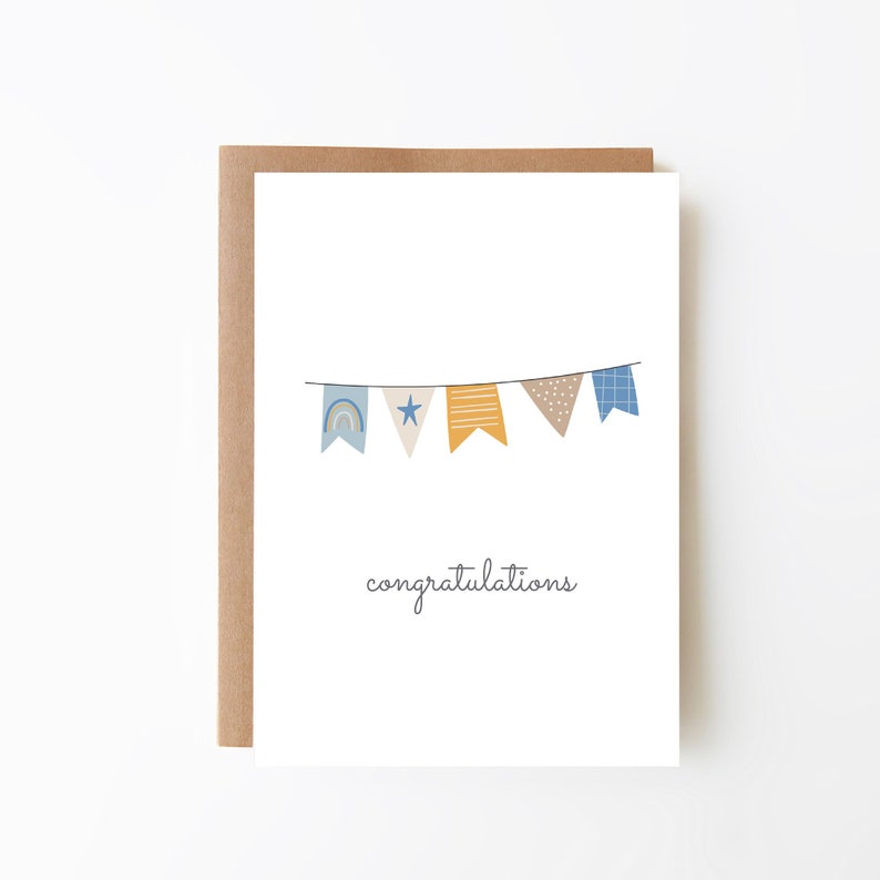 Gefeliciteerd Baby Boy Blue Bunting Card Kaart voor jongens geboortekaart digitale optie nieuwe aankomstkaart pasgeboren kaart babyshower afbeelding 1