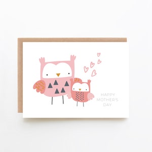 MOEDERDAGKAART - Leuke en vrolijke roze uilkaart voor mama + mama en babyuil + digitale downloadoptie + roze kaart voor mama + vogelkaart
