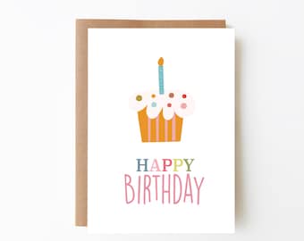 Colorida tarjeta de cumpleaños de cupcake - Tarjeta de feliz cumpleaños para niños + opción digital + tarjeta de pastel divertido + fiesta de cumpleaños + tarjeta de cumpleaños para niños
