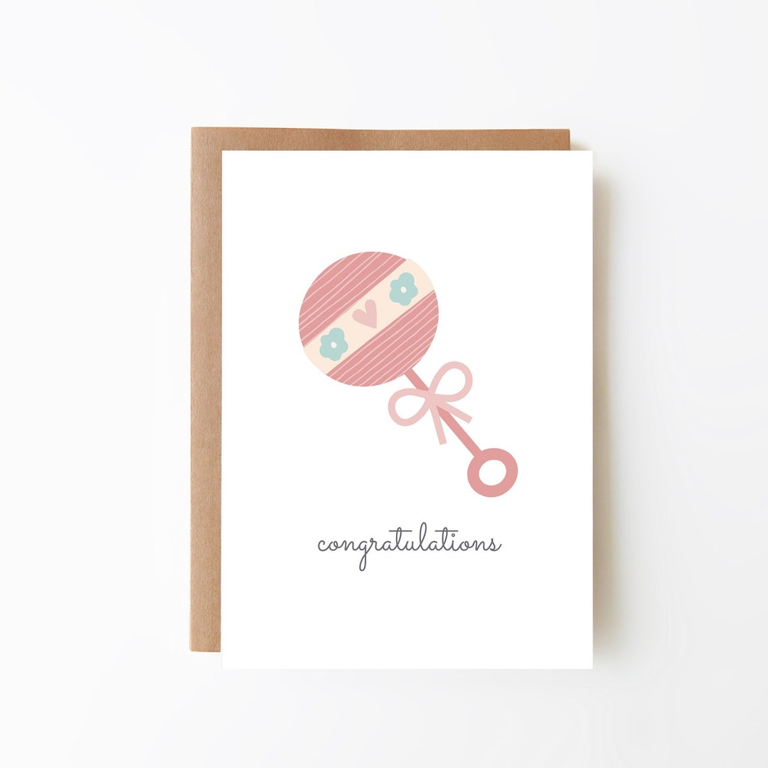 Congratulations Baby Girl Pink Rattle Card - Card for Girls + Digital ...