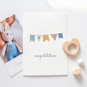 Gefeliciteerd Baby Boy Blue Bunting Card Kaart voor jongens geboortekaart digitale optie nieuwe aankomstkaart pasgeboren kaart babyshower afbeelding 2