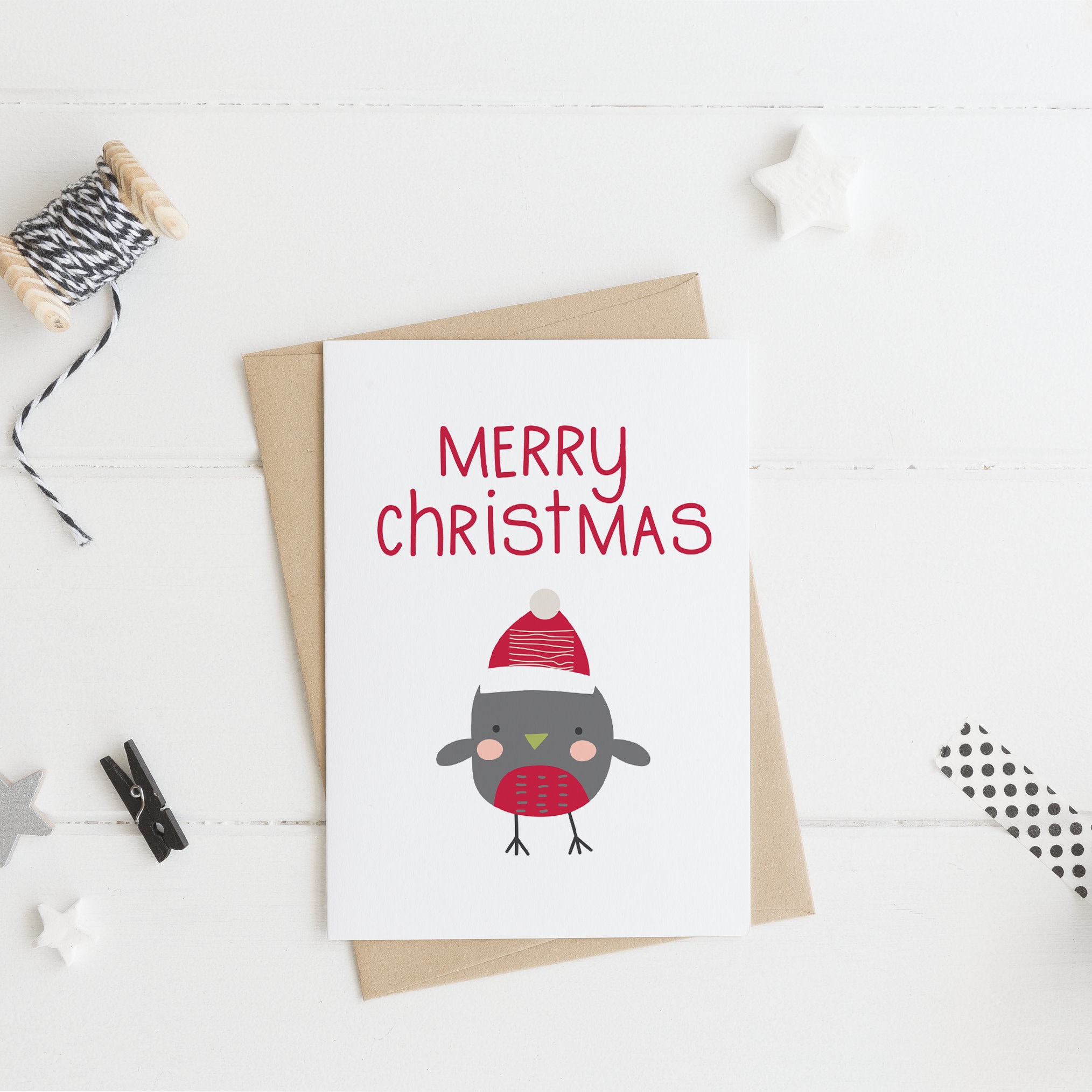 Merry Christmas Red Robin Card - Bird Card + Digital Download Option ...