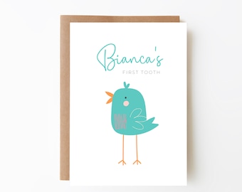 PERSONALISED First Tooth Bird Card - Toddler&#39;s First Tooth Card + Tooth Fairy Card + Blank Card + Customised Card + Card For Kids