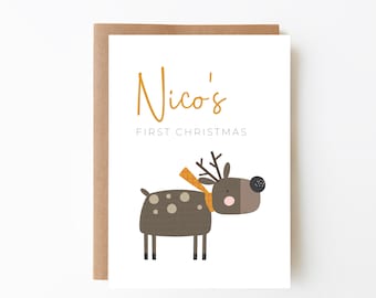 PERSONALISED First Christmas Reindeer Card - Baby's First Christmas + Kids Christmas, Digital Download Option, Customised Card, Card For Boy