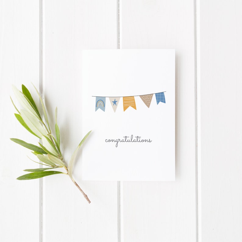 Gefeliciteerd Baby Boy Blue Bunting Card Kaart voor jongens geboortekaart digitale optie nieuwe aankomstkaart pasgeboren kaart babyshower afbeelding 3