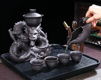 Oriental Dragon Design Purple Clay Tea Set | Tureen Tea Cups | Kungfu Tea | Tea Art | Gift for him and her | Antique Tea Set