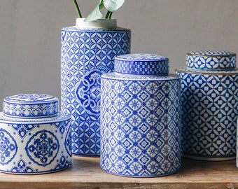 Oriental Blue White Monogram Porcelain Storage and Planter | Home Decoration | Modern Oriental Pot