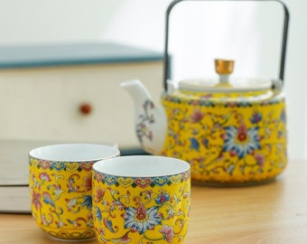 Oriental Flower Print Majestic Ceramic Tea Set | House Warming Gifts | Tea Art | Teapot Teacups Tray