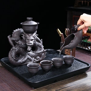 Oriental Dragon Design Purple Clay Tea Set Tureen Tea Cups Kungfu Tea Tea Art Gift for him and her Antique Tea Set image 1