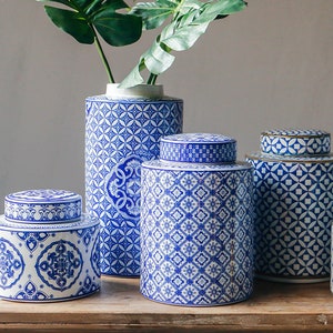 Oriental Blue White Monogram Porcelain Storage and Planter | Home Decoration | Modern Oriental Pot