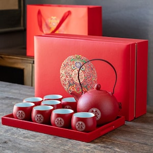 Oriental Double Happiness Wedding Ceramic Tea Set | Red Teapot Tea Cups | Wedding Ceremony