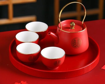 Oriental Double Happiness Wedding Ceramic Tea Set | Red Teapot Tea Cups | Wedding Ceremony