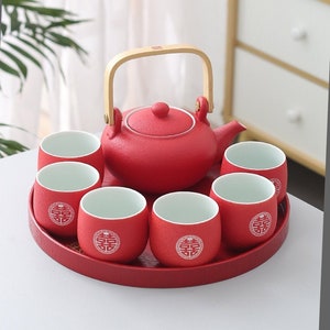 Oriental Double Happiness Wedding Ceramic Tea Set | Red Teapot Tea Cups | Wedding Ceremony | Wedding Gift Box