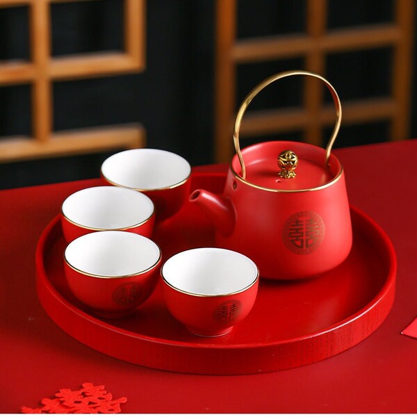 Oriental Double Happiness Wedding Ceramic Tea Set | Red Teapot Tea Cups | Wedding Ceremony