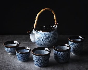 Oriental Japanese Blue Wave Tea Set | Teapot Tea Cups | House Warming Gifts | Kungfu Tea | Tea Art