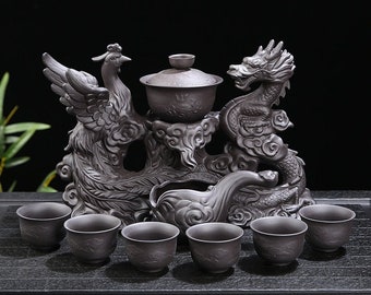 Oriental Dragon and Phoenix Purple Clay Tea Set | Tureen Tea Cups | Kungfu Tea | Tea Art | Gift for him and her | Antique Tea Set