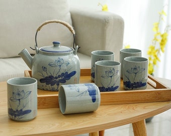 Oriental Lotus Blue Print Ceramic Tea Set | House Warming Gifts | Tea Art | Teapot Teacups Tray | Large Volume