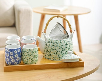 Japanese Flower Print Ceramic Tea Set with multi-colors teacups | House Warming Gifts | Tea Art | Teapot Teacups Tray