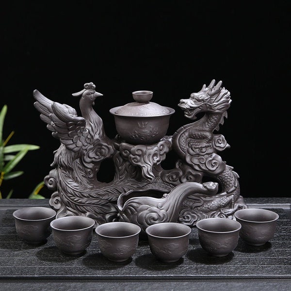 Oriental Dragon and Phoenix Purple Clay Tea Set | Tureen Tea Cups | Kungfu Tea | Tea Art | Gift for him and her | Antique Tea Set