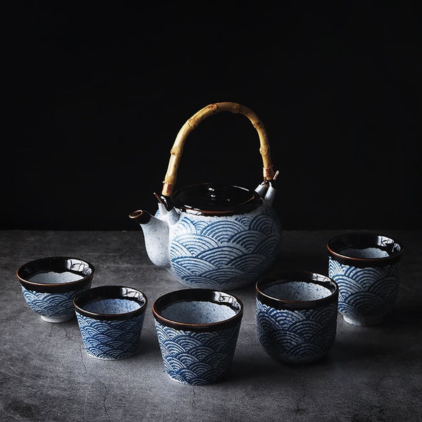Orientalisches japanisches Blue Wave Tee-Set | Teekanne Teetassen | Einweihungsgeschenke | Kungfu-Tee | Teekunst
