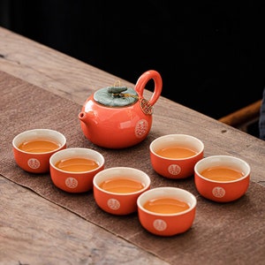 Double Happiness Persimmon Wedding Ceramic Modern Tea Set | Orange Teapot Tea Cups | Wedding Ceremony